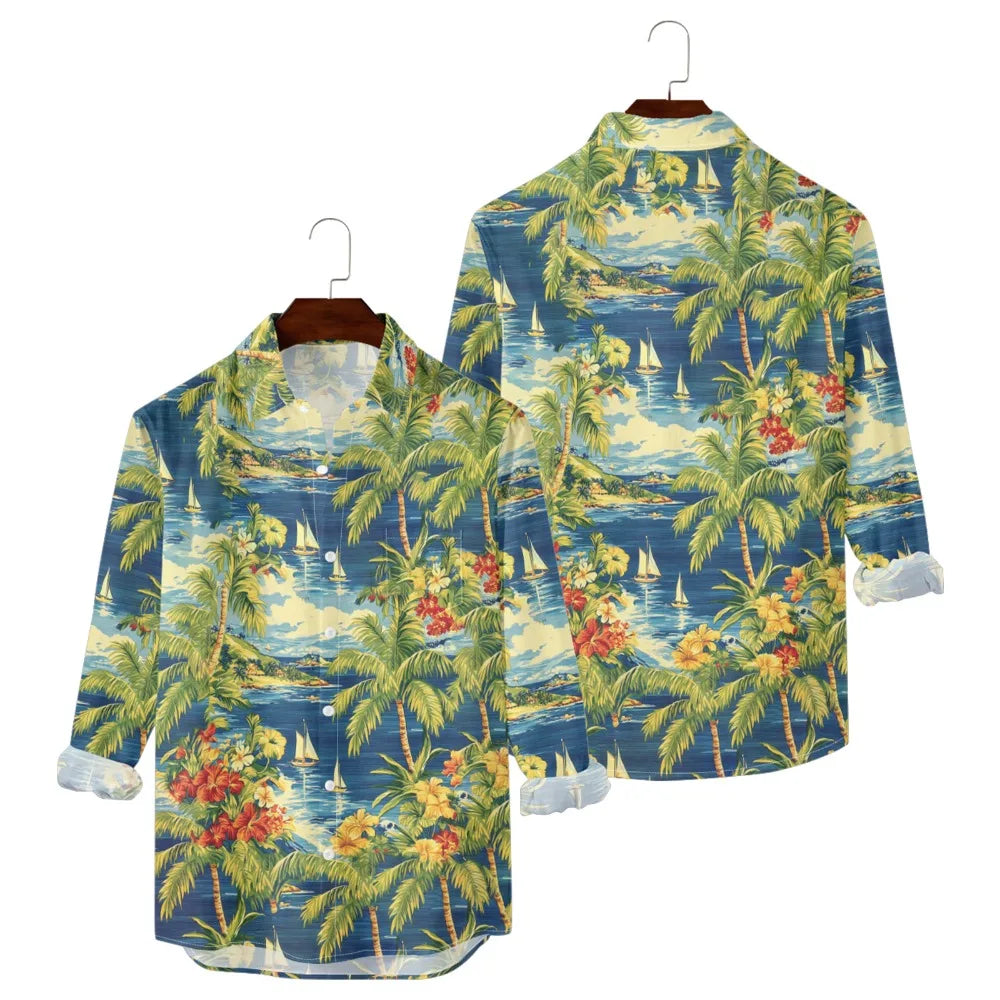 Hawaiian Men Shirts Sunset Ombre Palm Printed Full Sleeve Streetwear Button Up Casual Vacay Beach Parties Poolside Shirt Pocket