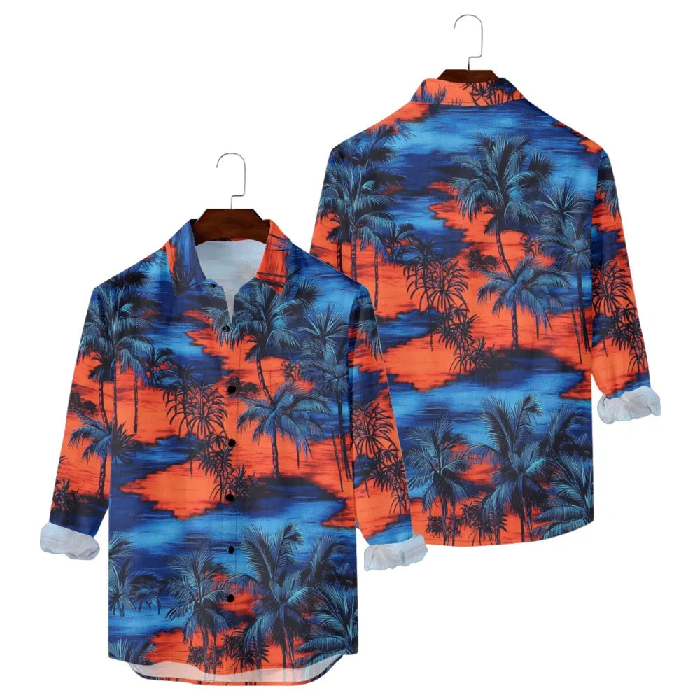 Hawaiian Men Shirts Sunset Ombre Palm Printed Full Sleeve Streetwear Button Up Casual Vacay Beach Parties Poolside Shirt Pocket
