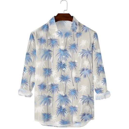 Hawaiian Men Shirts Sunset Ombre Palm Printed Full Sleeve Streetwear Button Up Casual Vacay Beach Parties Poolside Shirt Pocket