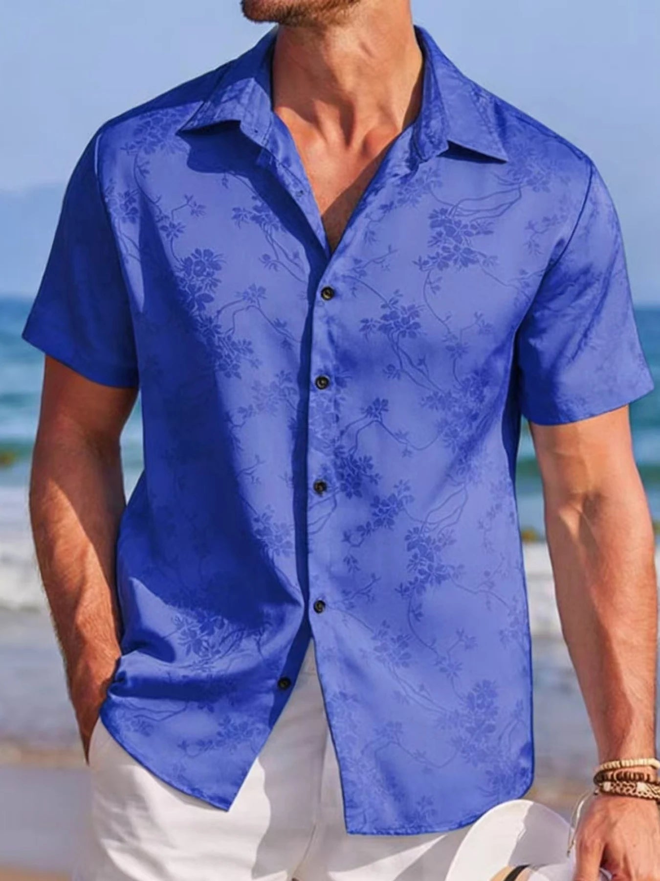 Men's Embroidered Shirt  Short Sleeve Shirt Casual Summer Beach Button Down Shirts