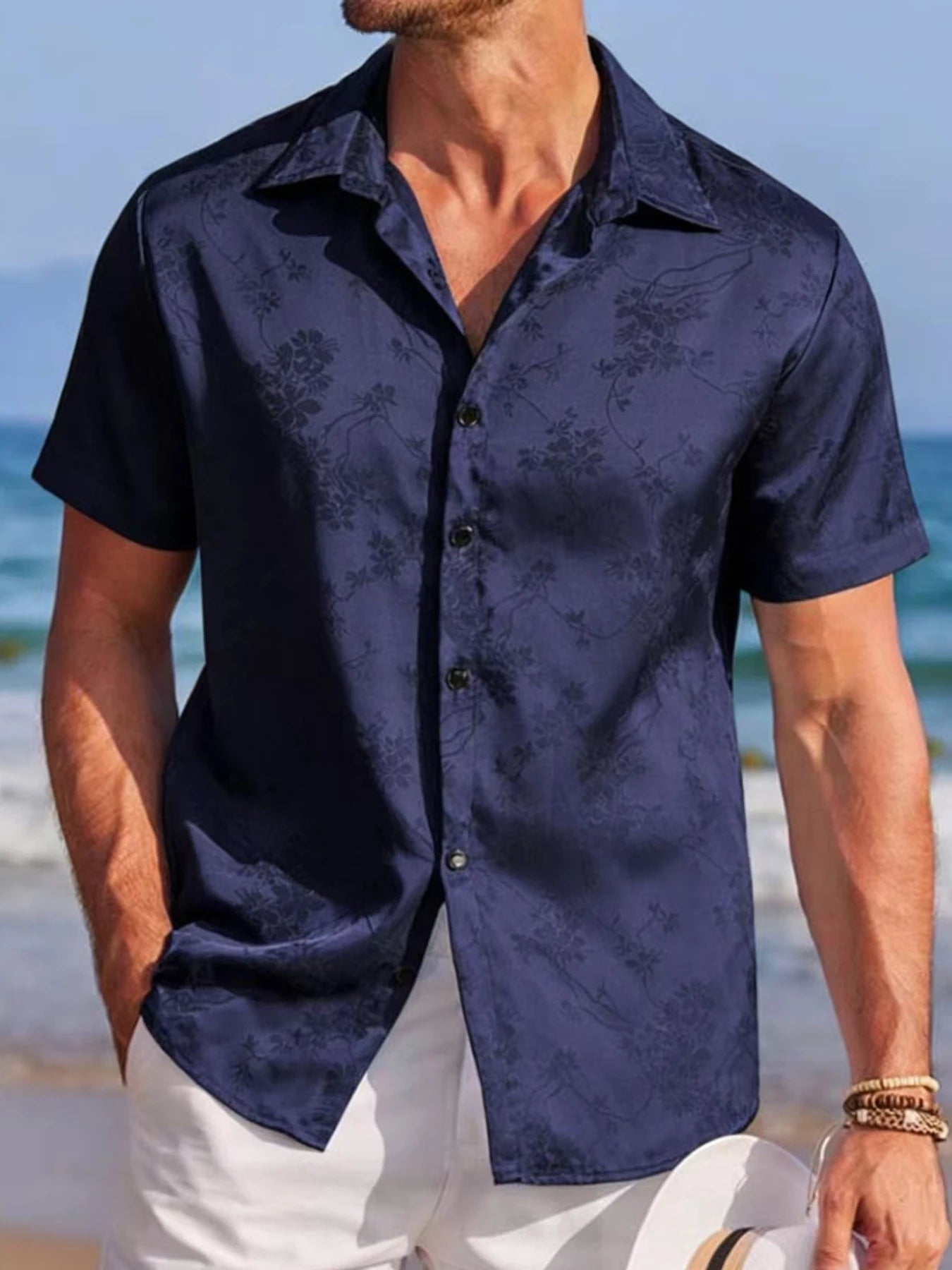 Men's Embroidered Shirt  Short Sleeve Shirt Casual Summer Beach Button Down Shirts