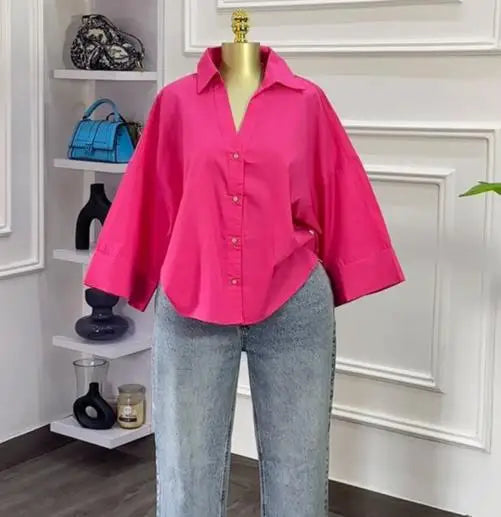 Woman Blouse 2025 Spring Autumn New Fashion Turn-Down Collar Long Sleeve Loose Fit Casual Solid Color Versatile Shirt Top