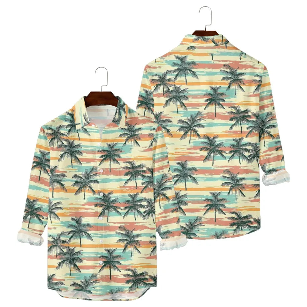 Hawaiian Men Shirts Sunset Ombre Palm Printed Full Sleeve Streetwear Button Up Casual Vacay Beach Parties Poolside Shirt Pocket