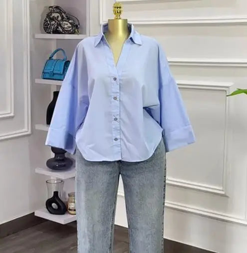 Woman Blouse 2025 Spring Autumn New Fashion Turn-Down Collar Long Sleeve Loose Fit Casual Solid Color Versatile Shirt Top