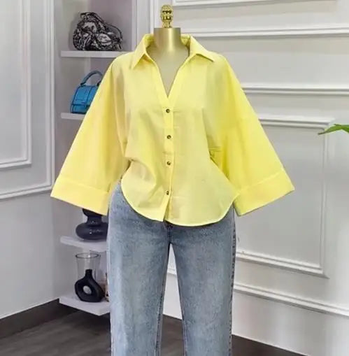 Woman Blouse 2025 Spring Autumn New Fashion Turn-Down Collar Long Sleeve Loose Fit Casual Solid Color Versatile Shirt Top