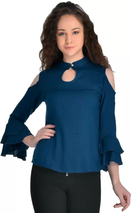 Casual Cold Shoulder Sleeves Solid Women Top (Size-L) BLUE)